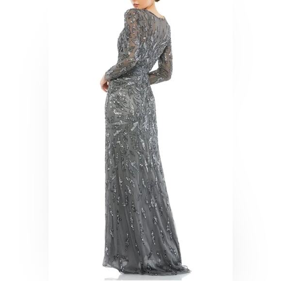 NWT Mac Duggal 5124 Beaded Long Sleeve Evening Gown Charcoal 18 - Picture 2 of 8